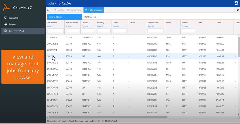 screenshot of mainframe output management web interface